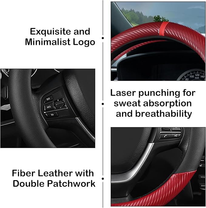 Black & Red Carbon Fiber Leather Steering Wheel Cover, 14.5-15 Inch Non-Slip Breathable Microfiber Leather Car Steering Wheel Protector for Men Women