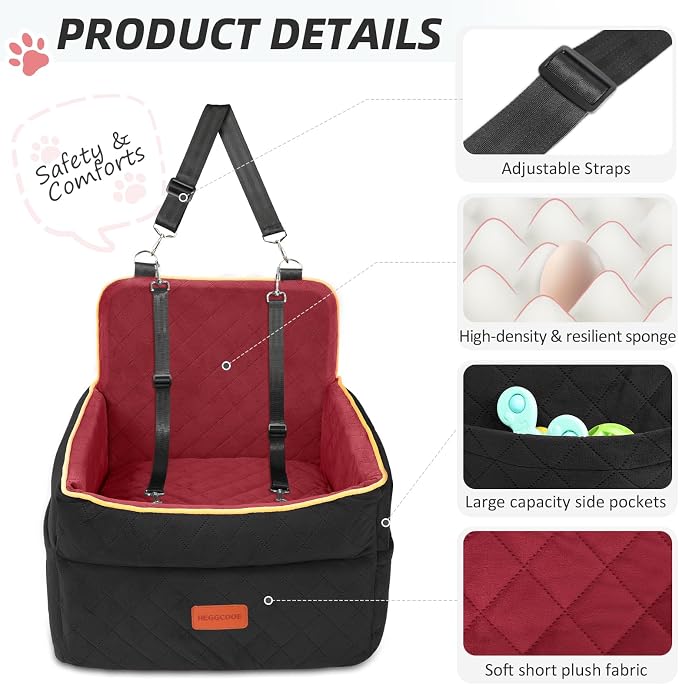 HEGGCOOE Dog Car Seat for Small Medium Dogs, Memory Foam Puppy Dog Booster Seat with Thick Cushion for Dogs Under 35lbs, Detachable Washable Pet Car Seat Travel Bed with Storage Pockets,2 Safety Belts