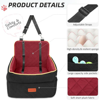 HEGGCOOE Dog Car Seat for Small Medium Dogs, Memory Foam Puppy Dog Booster Seat with Thick Cushion for Dogs Under 35lbs, Detachable Washable Pet Car Seat Travel Bed with Storage Pockets,2 Safety Belts