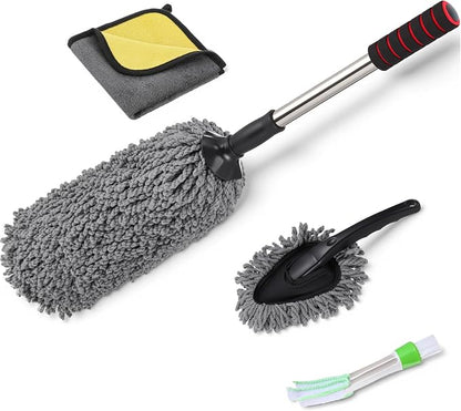 Lounsweer 4 Pcs Large Car Duster Set Microfiber Dust Cleaning Sets with Extendable Handle Exterior Duster Dashboard Detailing Brush Interior Exterior Cleaning Sets for Auto Truck Boat