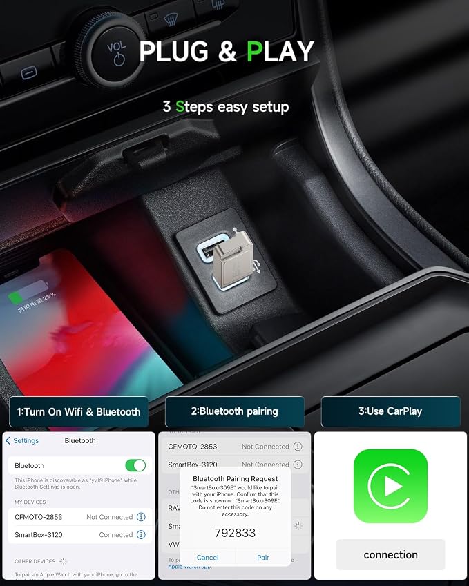 Spedal Wierless CarPlay Adapter for iPhone and Android,Spedal CL321 CarPlay Wierless Adapter -Mini CarPlay Design,2in1,Fast Pairing,Stable Car Control & No Delay,USB & Type-C Extension Cable Included