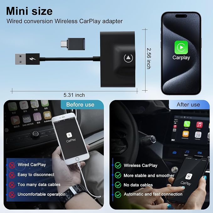 Wireless CarPlay Adapter for Apple Convert OEM Wired to Wireless CarPlay | CarPlay Wireless Adapter Compatible with iPhone 6 and Above, iOS 10+, From 2017 and Later Car, Auto Connect Plug and Play