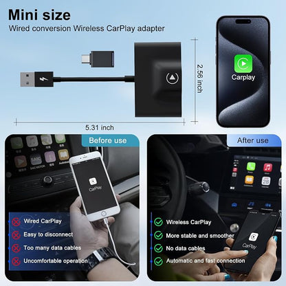 Wireless CarPlay Adapter for Apple Convert OEM Wired to Wireless CarPlay | CarPlay Wireless Adapter Compatible with iPhone 6 and Above, iOS 10+, From 2017 and Later Car, Auto Connect Plug and Play