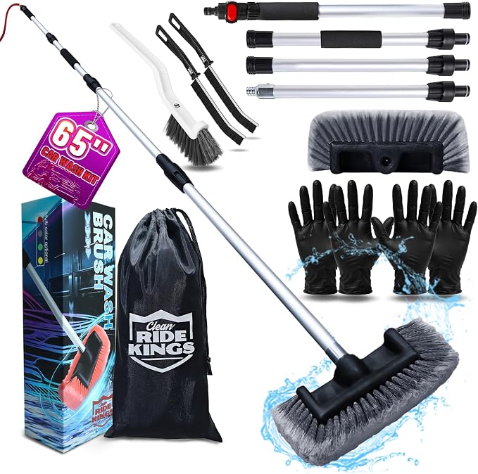 65" Flow-Thru Car Wash Brush with Pole, Grey, 4-Head Kit | Grey soft bristle brush with 3 extra detail brushes (tire scrubber & 2 stiff). 4-head heavy duty truck wash kit with bag.