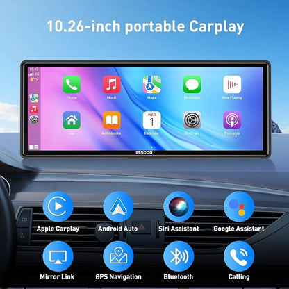 10.26" HD Carplay Screen for Car Stereo, 4K Dash Cam Wireless Portable Touch Screen Car Play with Apple Carplay & Android Auto with 1080P Back Up Camera, Bluetooth, Mirror Link, GPS, AUX+64GB
