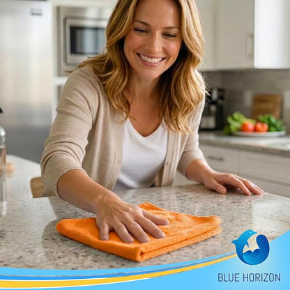 Blue Horizon Microfiber Cleaning Towels, Pack of 24, Ultra Soft Plush Washcloth, All Purpose Premium Microfiber Detailing Cleaning Cloths Reusable Shop Towels (16" x 16", Orange)
