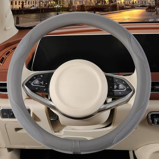 14 inch Steering Wheel Cover for Prius Civic, Nappa Microfiber Leather Non-Slip Breathable Fabric, Warm in Winter and Cool in Summer, Gray Small 13.5 inch to 14 inch