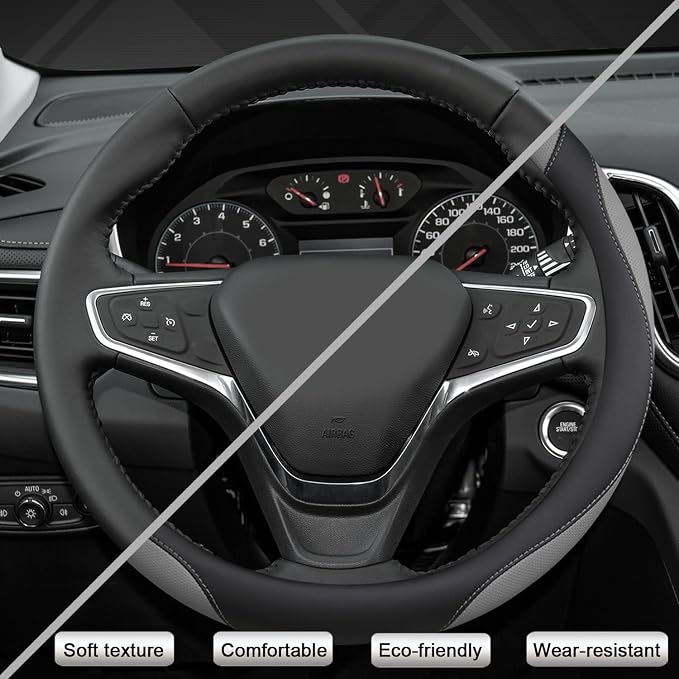 West Llama Customized Auto Car Steering Wheel Cover for Chevy Silverado,Tahoe,Equinox,Traverse,Trailblazer,Colorado(Black+Gray - Standard Size)