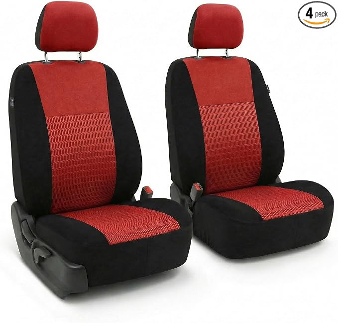 FH Group Universal Car Seat Covers Front Set for SUV Truck Sedan Vans | 3D Textured Breathable Fabric Seat Cover Set Protector with Airbag Compatible Interior Upgrade - Red