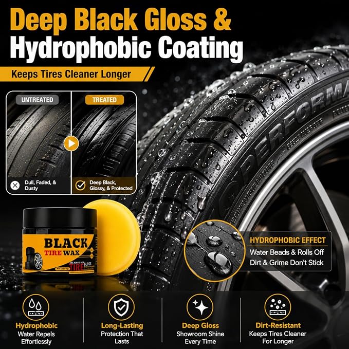 XIRUJNFD 80g Premium Tire Coating & Trim Restorer, Restores Deep Black Shine on Rubber, Tire Shine Polishing Paste with Sponge, Long-Lasting Coating Protection for Car, Truck, Motorcycle, RV (1)