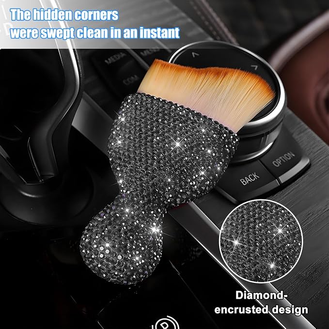Bling Car Detailing Brush, Crystal Rhinestone Non-Scratch Vehicle Cleaning Dust Brush for Air Vent & Dashboard, Soft Bristles Automotive Interior Cleaning Tool, Universal Fit (Transparent Gray)