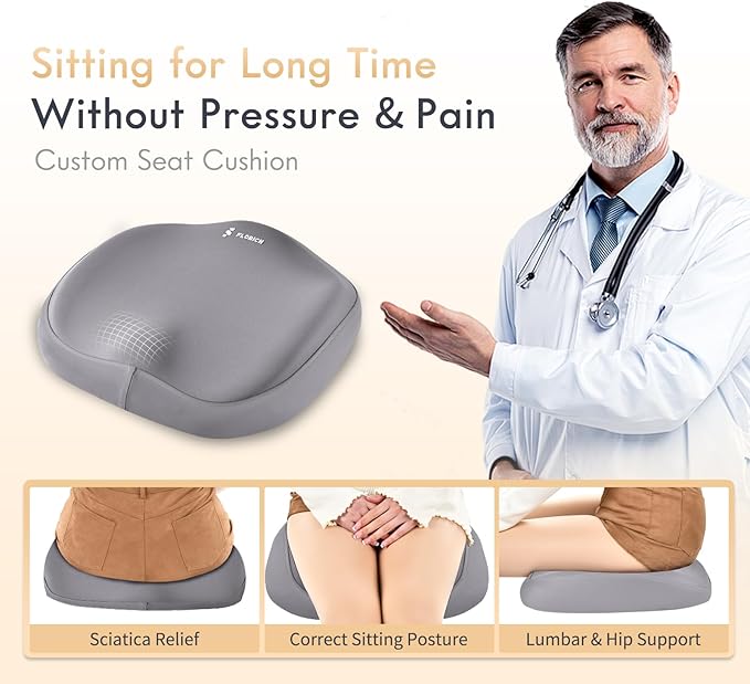 FLORICH Car Seat Cushion and Lumbar Support Headrest Pillow Memory Foam Seat Cushion Ergonomic 2-in-1 Car Neck Pillow & Back Support for Car Truck Seat Long Driving Sciatica Tailbone Pain Relief, Gray