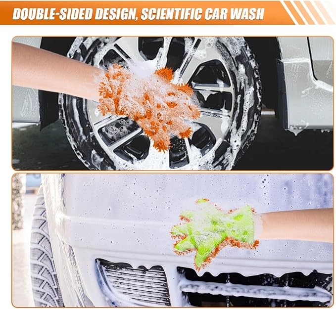 Craedli 2PCS Car Wash Mitts, Anti-Scratch Double Sided 5-Finger Microfiber Car Interior&Exterior Detailing Gloves, Soft Vehicle Chenille Dusting Mitt for Cleaning Wheel Tight Spot (Orange)