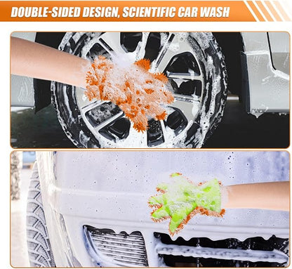 Craedli 2PCS Car Wash Mitts, Anti-Scratch Double Sided 5-Finger Microfiber Car Interior&Exterior Detailing Gloves, Soft Vehicle Chenille Dusting Mitt for Cleaning Wheel Tight Spot (Orange)