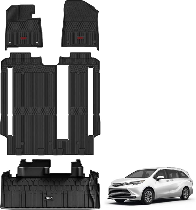 3W Floor Mats&Trunk Mat Fit Toyota Sienna 2021-2026 LE/XLE(Only for 8 Seat), TPE All Weather Custom Fit Floor Liner for Sienna 1st, 2nd and 3rd Row &Cargo Liner, Black with Red Accent