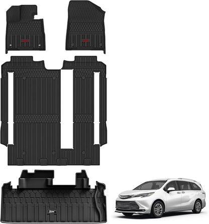 3W Floor Mats&Trunk Mat Fit Toyota Sienna 2021-2026 LE/XLE(Only for 8 Seat), TPE All Weather Custom Fit Floor Liner for Sienna 1st, 2nd and 3rd Row &Cargo Liner, Black with Red Accent