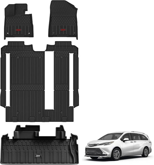 3W Floor Mats&Trunk Mat Fit Toyota Sienna 2021-2026 LE/XLE(Only for 8 Seat), TPE All Weather Custom Fit Floor Liner for Sienna 1st, 2nd and 3rd Row &Cargo Liner, Black with Red Accent