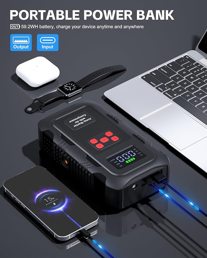 5000A Jump Starter with Air Compressor, Portable Car Battery Jump Starter with 150 PSI Tire Inflator for Up to 10.0L Gas and 8.0L Diesel Engines, 12V Jump Box with LCD Display