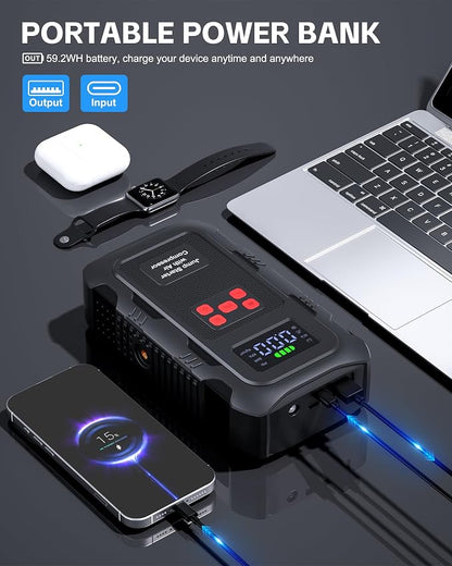 5000A Jump Starter with Air Compressor, Portable Car Battery Jump Starter with 150 PSI Tire Inflator for Up to 10.0L Gas and 8.0L Diesel Engines, 12V Jump Box with LCD Display