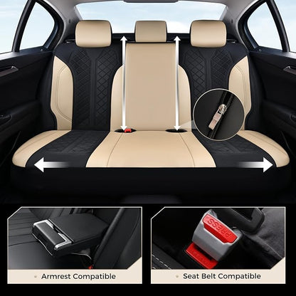 Coverado Seat Covers Full Set, Beige Car Seat Covers, PU Leather & Breathable Mesh Seat Protectors, 5-Piece Automotive Seat Covers, Universal Fit for SUVs, Trucks, Sedans