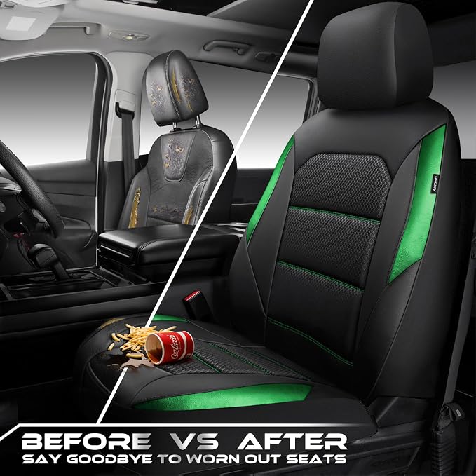 Car Pass Memory Foam Leather Seat Covers,Air Cool Mesh Thick Car Seat Covers Front Seat Green Leather Seat Covers for Cars Universal for SUVs Trucks,Airbag Compatible Comfort Durable,Black Green Metal