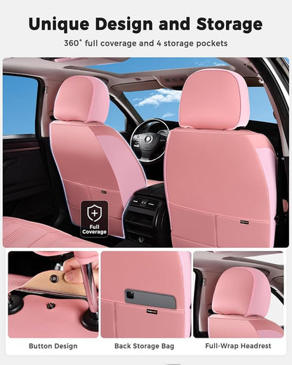 Huidasource Car Seat Covers Full Set, Universal Fit for Most Cars SUV Trucks, Full Coverage Nappa Leather Seat Cover, Airbag, Cupholder Compatible, Velcro Adjustable, Seat Function Retain, Pink