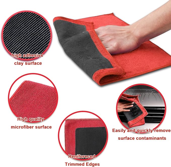 2 Pack Clay Bar Towels Auto Detailing, Fine Grade Microfiber Chamois Towel for Car DIY Detail (Red)