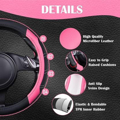 CAR PASS Line Rider Microfiber Leather Sporty 14.5-15 inch Steering Wheel Cover Universal Fits for 95% Truck,SUV,Cars, Anti-Slip Safety Comfortable Design (Black Pink)