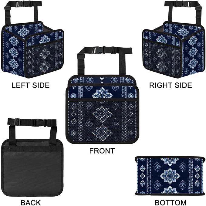 Car Backseat Organizer, PU Leather Back of Seat Cars Hanging Organizer with Pockets Leakproof Car Garbage Bags Hanging Car Seat Storage Box Travel Accessories Foldable (Tribal-floral Vintage Blue)