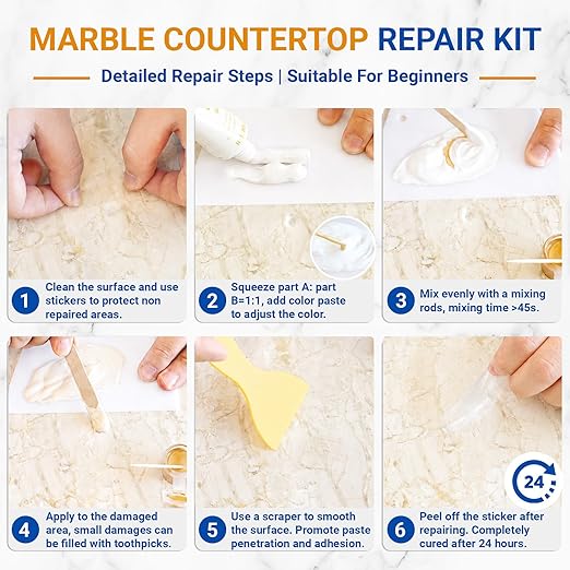 Marble Countertop Repair Kit, 160g/5.64oz Tile Repair Kit for Granite Quartz Acrylic Ceramic Stone and Fill Hole Chips Crack Scratches Dents, Reattaches Missing Edges on Countertops (Color Match)