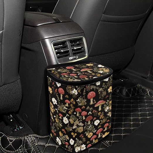 Retro Mushroom Daisy Flower Pattern Car Trash Can with Lid and Zipper Portable Foldable Trash Bin for Car Interior Accessories Multipurpose Garbage Can Bags Storage Organizer