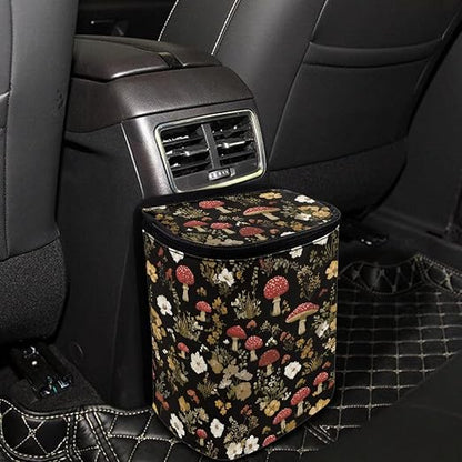 Retro Mushroom Daisy Flower Pattern Car Trash Can with Lid and Zipper Portable Foldable Trash Bin for Car Interior Accessories Multipurpose Garbage Can Bags Storage Organizer