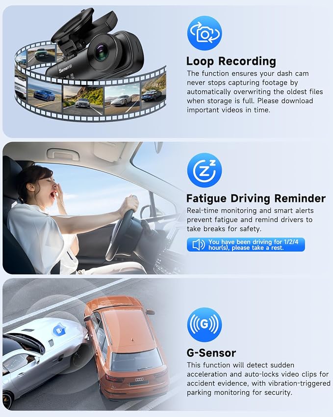 SARMERT 4K 3 Channel Dash Cam, Dash Cam Front and Rear C3, Free 64GB Card, 4K+1080P+1080P Dashcam, G-Sensor, WDR, APP, 5G WiFi, Night Vision, 24H Parking Monitor
