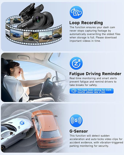 SARMERT 4K 3 Channel Dash Cam, Dash Cam Front and Rear C3, Free 64GB Card, 4K+1080P+1080P Dashcam, G-Sensor, WDR, APP, 5G WiFi, Night Vision, 24H Parking Monitor