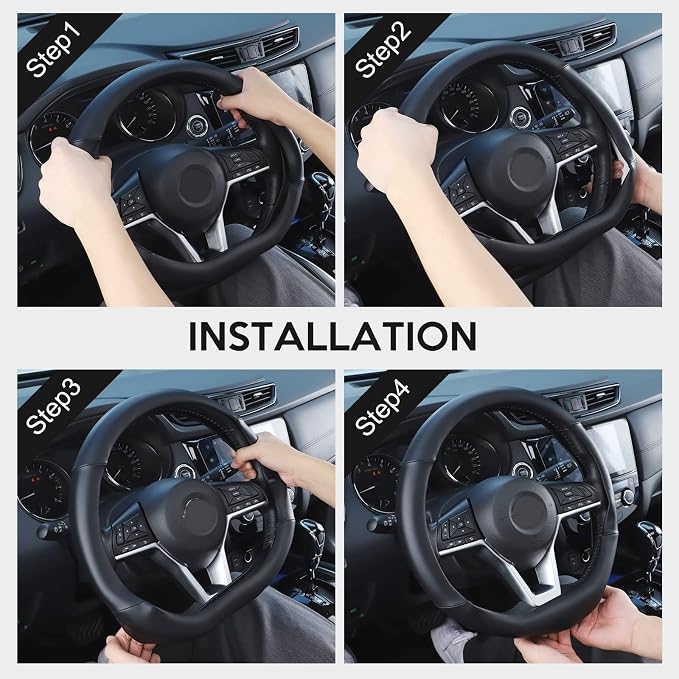 SEG Direct Flat Bottom Steering Wheel Cover, D Shaped Car Wheel Cover 14 1/2-15 in. (37-39 cm), Black Microfiber Leather