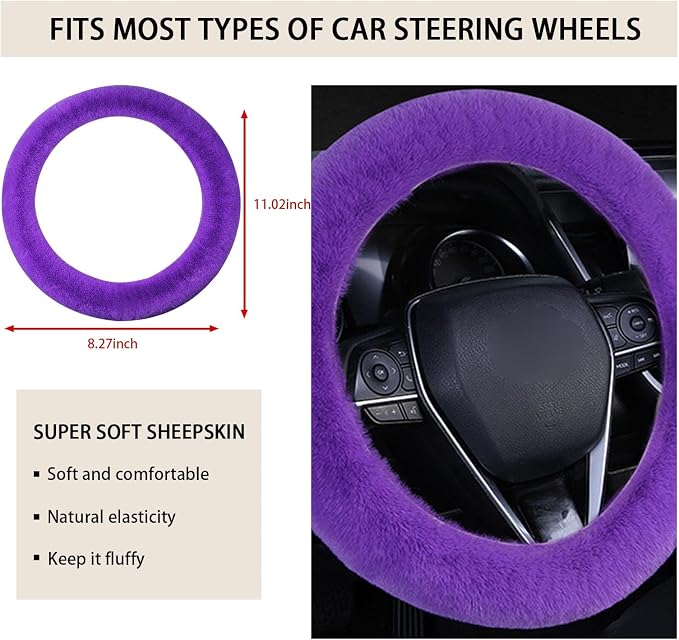 Ziciner Fuzzy Steering Wheel Cover, 15 inch Soft Wool Fur Steering Wheel Protector, Fluffy Wheel Covers for Winter Warm, Car Interior Decoration Accessories for Women Men (Purple)