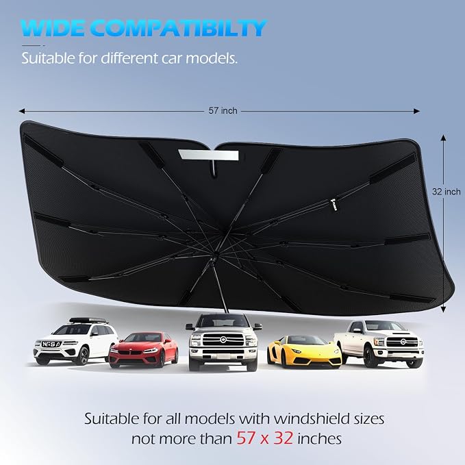 [2026 Upgrade] FLORICH Windshield Sunshade Umbrella Foldable Car Windshield Sun Shade Cover, [Nano-Ice-Crystal Coatings] Protect Interior from from UV Keep Car Cooler Medium(57" L x 32" W)