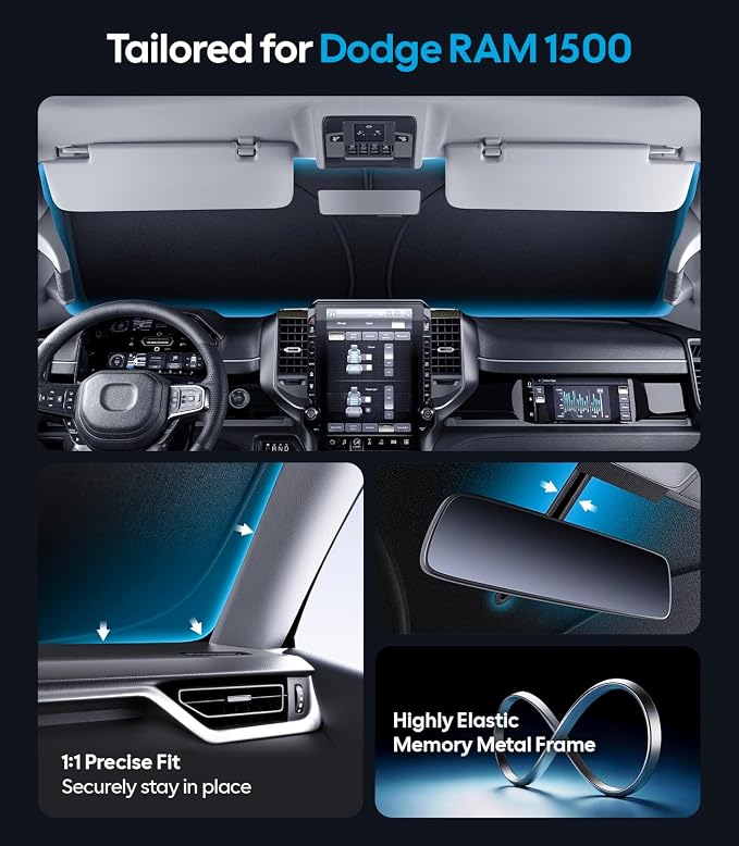 Wigoo for Dodge RAM 1500 Windshield Sunshade [OEM Design, 100% Sun Blockage] Foldable Heat Insulation Sun Shade with Storage Bag, for Dodge RAM 1500 (2019-2026), Silver Coating