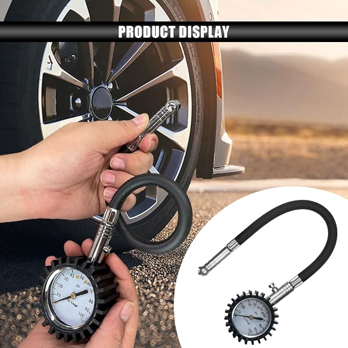 BDZMC Car Tire Pressure Gauge, 0-100 PSI Air Pressure Gauge with 2.5 Inch Large Scale Dial, Accurate Easy to Read, Certified ANSI Tire Gauges with Flexible Air Hose for Cars, SUVs, Trucks (Silver)