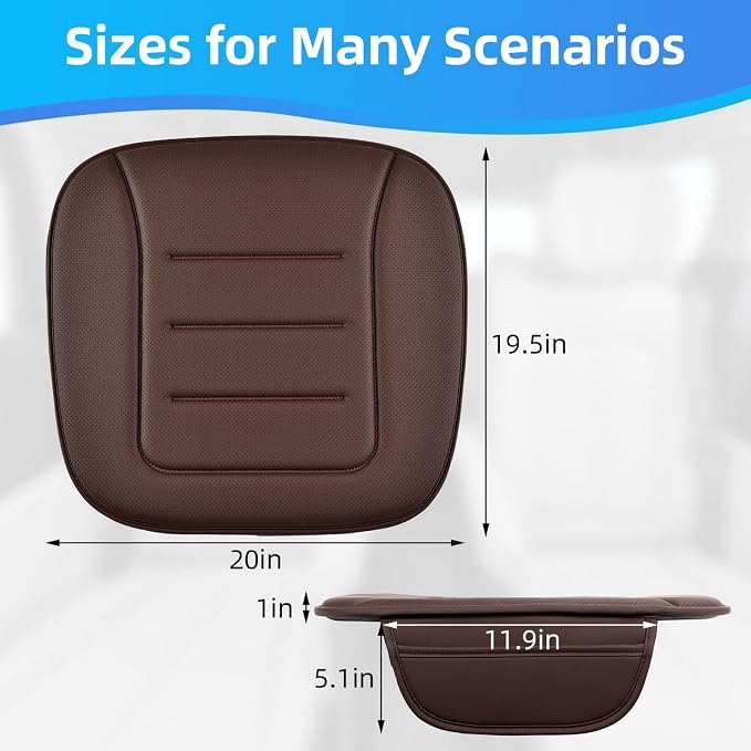 KAYI Car Seat Cushion, Comfort Memory Foam Car Cushions for Driving, Breathable Leather Surface with Anti Slip Rubber Bottom, Seat Cushion for Car and Office Chair (1 Pack, Brown)