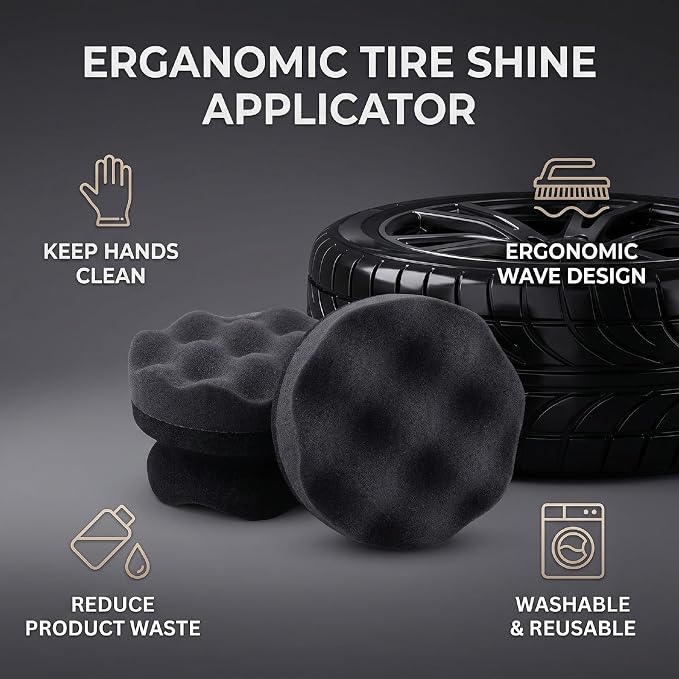 2PCS Tire Dressing Applicator Sponge, Wave Contoured Wheel Tire Detailing Applicator, Reusable Hex Grip Dressing Pad for Car Protection & Shine, Black (Small Size)