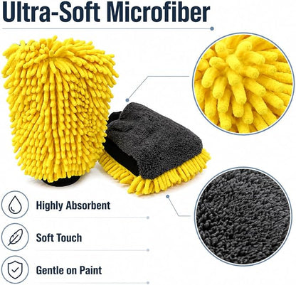 Car Wash Mitt, Double-Sided Chenille Microfiber, Yellow and Black, Waterproof