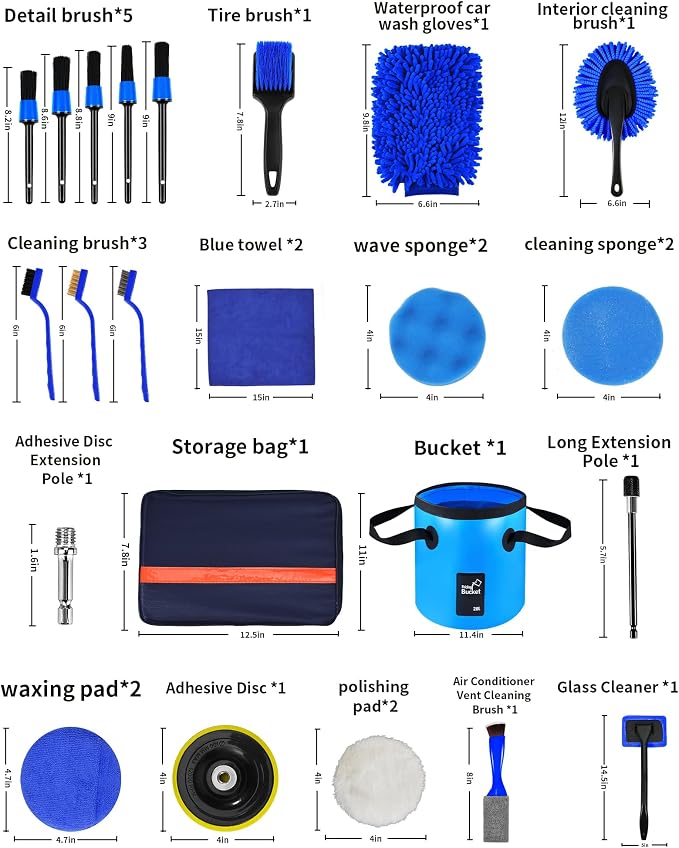 Car Cleaning Kit：40 Pcs Interior Windshield and Window Cleaner Detailing Set；Wheel & Tire Brush；Car Wash Mitt；Cleaning Bucket；Total Care Supplies；Towels；Automotive Tools