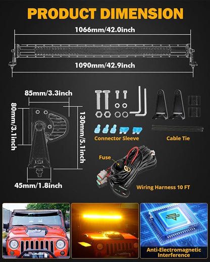 Auxbeam 42Inch 240W LED Straight Light Bar, 6 Modes Off Road Amber White Strobe Light, Dual Color Spot Flood Combo Beam Flashing Fog Driving Work Light with 10FT Wiring Harness Kit