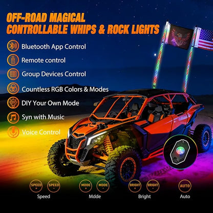 Nilight 2PCS 4FT RGB LED Whip Light and 6 PCS Rock Lights Combo Remote App Control w/DIY Chasing Patterns Stop Turn Reverse Modes Safety Antenna Whips for ATV UTV Polaris RZR Can-am Dune Buggy Jeep