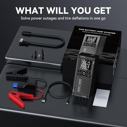 Car Battery Jump Starter with Air Compressor - 4500A 150PSI Portable Car Jump Starters (All Gas/10L Diesel) with Tire Inflator, 12V Car Battery Jump Box with Jumper Cables, LCD Display, LED Light