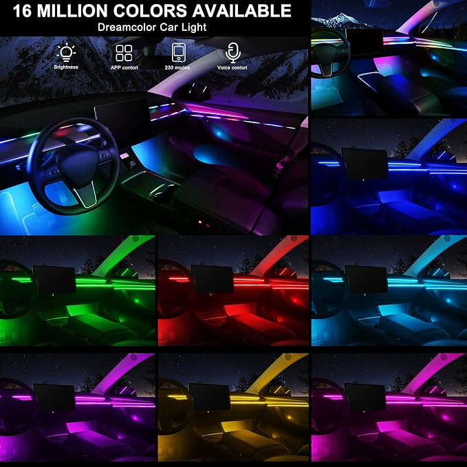 Dreamcolor Acrylic Interior Car LED Strip Light with Wireless APP, RGB 18 in 1 with 175 inches 593 LEDs Fiber Optic Strip Lights for Car, Dynamic Chasing Music Sync Neon Car Ambient Lighting Kits