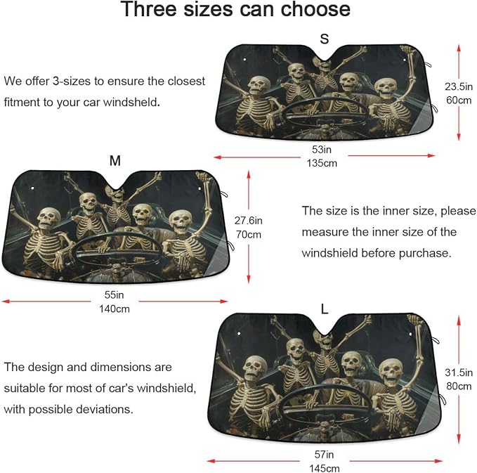 Windshield Sun Shade Funny Skeletons in Car Front Window Block UV Shades Visor Reflective Retractable for Car SUV Trucks