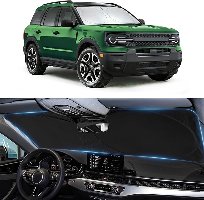 Sunshade for Bronco Sport Windshield Sun Shade for 2025 2024 2023 2022 2021 Ford Bronco Sport 4Door Accessories Foldable Front Window Shield Cover Sun Visor Protector Block UV Rays Heat Reflector