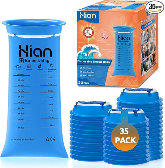 Hion Vomit Bags Disposable – 35 Pack 1000ml Emesis Bags – Leak Resistant, Medical Grade, Portable – Perfect for Motion, Car & Aircraft Sickness, Pregnant Women